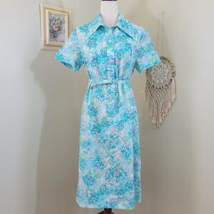 Lady Blair | 70s Vintage Multicolor Chrysanthemum Belted Shirt Dress